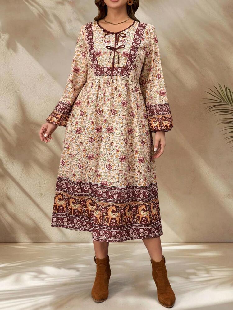 Plus Size Front Tie Long Sleeve Floral Print Casual Dress,Beige Boho Autumn Holiday Vacation Outfits,Western Wear Women,Resort Spring New Years Outfit
