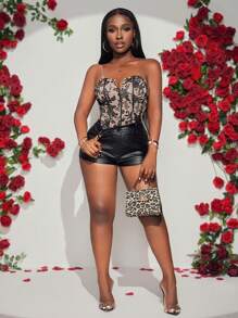 Slaydiva 性感夏季音乐节街头风格短款抹胸、夜店装优雅约会夜无袖黑色 PU 皮革女式紧身胸衣 - 黑色 - 查看 3