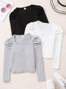 Tween Girls Solid Color Puff Sleeve Square Neck Blouse
