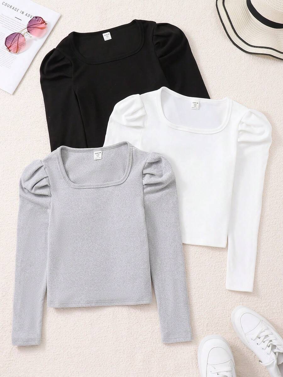 Tween Girls Solid Color Puff Sleeve Square Neck Blouse