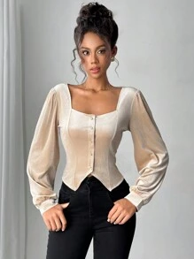 Chiquease Camicia in velluto retrò d'alta gamma con colletto quadrato, cardigan corto in vita, elegante per primavera e autunno - Cachi - Visualizzare 4