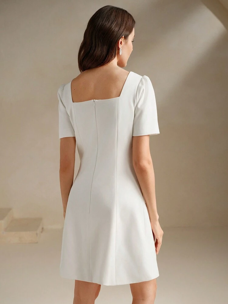 Women's Korean Elegant Floral Decor Square Neck Slip Dress, Figure Flattering Sparkle