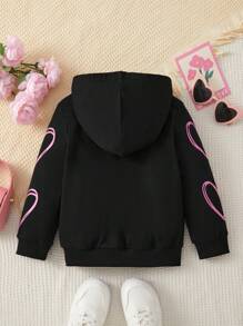 Sudadera casual con estampado de corazón para niña, versátil para otoño/invierno - Negro - Ver 2