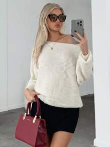 SHEIN Essnce Áo len đan cho nữ Áo len trễ vai ngày lễ Áo len quá khổ Áo len trễ vai cho nữ Áo len Giáng sinh Áo len trắng tay cánh dơi một bên vai Áo len trắng họa tiết Váy áo len nữ Áo len nữ Áo len dài tay rộng rãi cổ tròn màu trơn cánh dơi cho nữ Áo len trắng mùa đông, Áo dài tay - Màu be - Xem 6