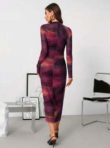 SHEIN Clasi 女士荷叶边扎染网眼针织中长紧身连衣裙，优雅 - 紫色 - 查看 2