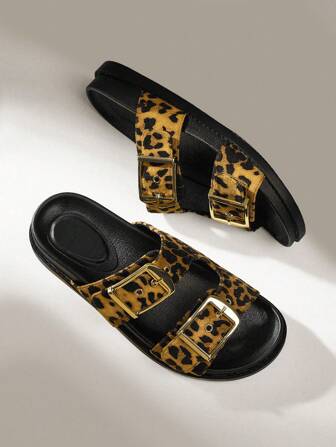 Solecia Women's Leopard Print Metal Buckle Flat Sandals Halloween