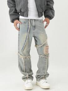 Manfinity Hypemode Quần Jeans Denim Thường Ngày Có Túi Trước Nút Viền Rách Cho Nam - Màu xanh lam - Xem 5