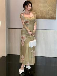 DAZY 2pcs Women Flower Print Minimalist Top And Dress Set, Long Sleeve - Green - View 4