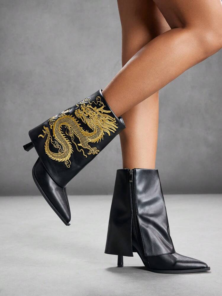 CUCCOO SZL Sexy & Fashionable Pointy Toe High Heel Ankle Boots, Embroidery Decor, Side Zipper, Casual Versatile, Black Color, Women New Year Holiday Valentines