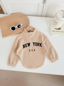 SHEIN Babygirl 不对称下摆羊毛运动衫，卡其色字母图案立领，百搭秋冬季 - 卡其色 - 查看 4