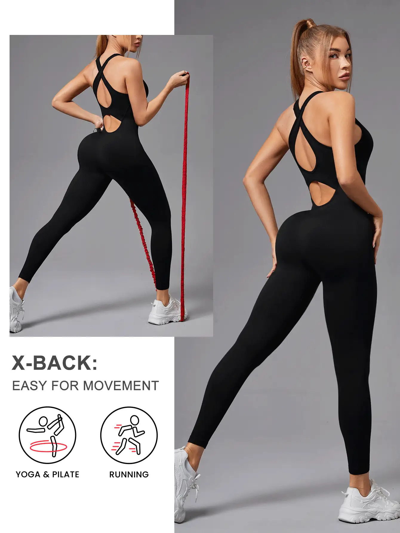 Easithlete Women's Backless Hollow Out Sports Jumpsuit - Black - View 2