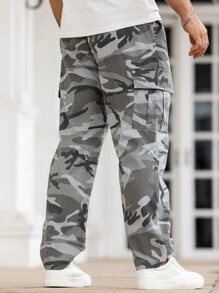 Manfinity Homme Men's Casual Outdoor Camo Cargo Pants With Flap Pockets, Autumn, Fall