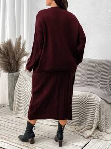 Calvaya Plus Size Solid Color Long Sleeve Loose Fit Pullover Sweater & Skirt Set