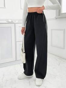 EURMUSE Wide Leg Elastic Waist Track Pants, Seam Design, Fall Clothes - Dark Grey - View 3