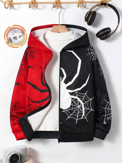SHEIN Kids/Tween Boy Casual Spindelnät och spindeltryck långärmad stickad jacka med huva, röd och svart, lämplig för pendling, skola, ledig, semester, sport, vår, sommar, höst, vinter