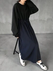 FRIFUL Women's Lace Patchwork Mid-Calf Plain Color Dress - Black - View 6