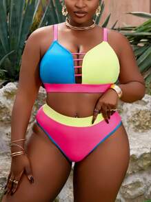 SHEIN Swim Curve 大码女式休闲时尚拼色两件套比基尼泳装套装夏季 - 彩色 - 查看 5