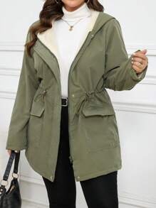 SHEIN LUNE Plus Size Women Solid Color Zip Front Drawstring Waist Hooded Coat, For Autumn/Winter