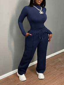 Slaydiva 2st Kvinnor Casual Enfärgad Enkel Mode Vardagsoutfit 2 Delar Casual Set - Marinblå - Visa 3