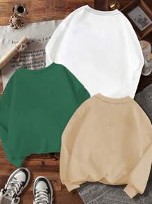 SHEIN 3pcs Pack Tween Girls' Casual Minimalist Thick Thermal Lined Loose Fit Crew Neck Long Sleeve Hoodies,Suitable For Autumn/Winter - Multicolor - View 2