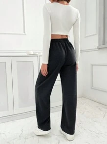 EURMUSE Wide Leg Elastic Waist Track Pants, Seam Design, Fall Clothes - Dark Grey - View 2