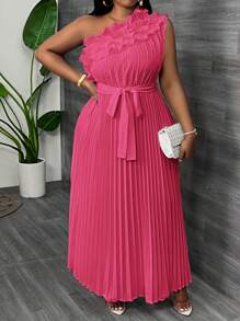 Slaydiva Plus Size Elegancka Luksusowa Asymetryczna Sukienka Z Marszczonymi Ramionami I Talią Plisowana Morelowa Letnia