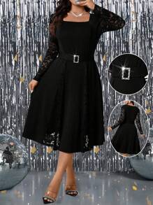 SHEIN Clasi 大码女式优雅蕾丝拼接系腰带超长派对连衣裙 - 黑色 - 查看 1