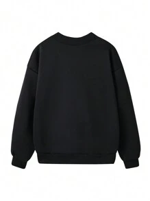 SHEIN Moletom casual para meninas adolescentes, cor sólida, estampa contrastante, ombro caído, decote em V, ajuste solto, quente