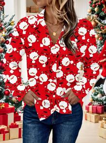 EMERY ROSE Women's Red Christmas Santa Claus Pattern Button Down Long Sleeve Shirt, Suitable For Autumn/Winter