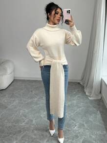 Elenzga Women's Solid Color High Neck Long Sleeve Bowknot Casual Pullover Sweater