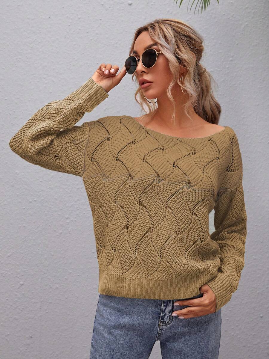 SHEIN LUNE Damen schlichte Boot-Ausschnitt Oversized Langarm Lässig Pullover, Herbst/Winter Strickpullover - Kamelfarben - Übersicht 1