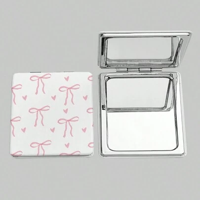 ROMWE Kawaii 1pc Pink Bow & Heart Print Square Makeup Mirror, Portable Hand Held Mirror For Girls (Pattern Placement Random)