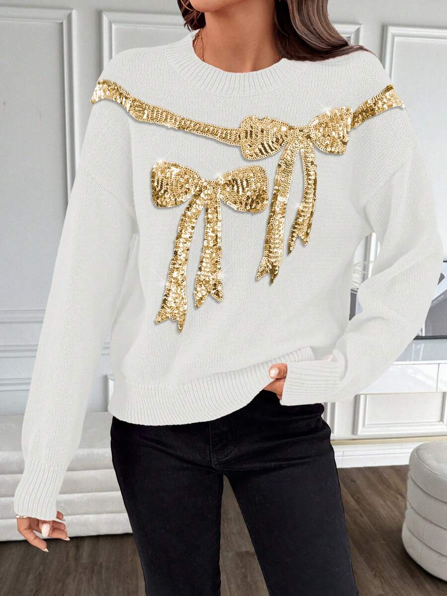 SHEIN Clasi Women's Fashion Bowknot Sequin Pullover Sweater, Christmas Knit Pullover Fall Winter