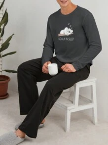 RueChic Men Koala Printed Regular Longsleeve Homewear Set - Dark Grey - View 1