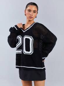 Athîral Pull tricoté décontracté à encolure en V évidée avec motif numérique pour femmes, automne/hiver - Noir - Voir 5