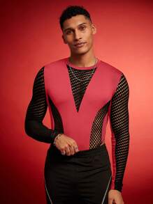 FeverCity Men's Contrast Color See-Through Hollow-Out Sexy Jumpsuit - Hot Pink - View 1