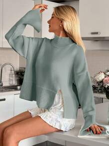 EURMUSE Women Solid Color Mock Neck Rib Knit Hem Sweater - Mint Green - View 5