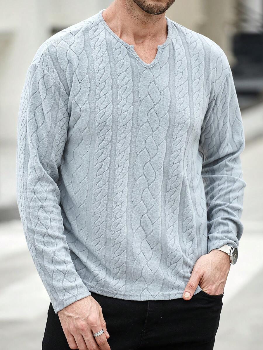 Manfinity Homme V 领纯色休闲宽松长袖 T 恤 - 灰色 - 查看 1