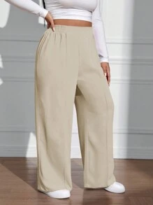 SHEIN EZwear Quần dài lưng thun màu trơn cỡ lớn rộng rãi thường ngày - Màu be - Xem 1