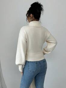 Elenzga Women's Solid Color High Neck Long Sleeve Bowknot Casual Pullover Sweater