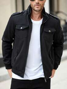 Manfinity CasualCool Men's Casual Jacket Versatile Bomber Style Solid Color Outdoor Cargo Jacket