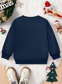 Young Boys Crewneck Sweatshirt, Funny Christmas Deer Print Family Matching Outfit, With Hood, Antlers, Scarf, Gift Box, Star, "MERRY CHRISTMAS" - Blue - View 2