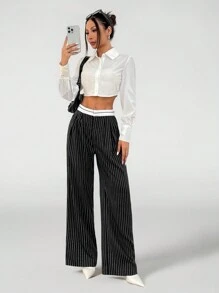 SHEIN PETITE Spliced ​​Waistband Yarn-Dyed Striped Suit Trousers