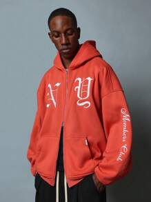 SUMWON Zip Up Members Club Hoodie Ultra Soft Sweatshirt Original Gothic Font Letter Print Winter Fall Casual Streetwear - Coral Orange - View 1