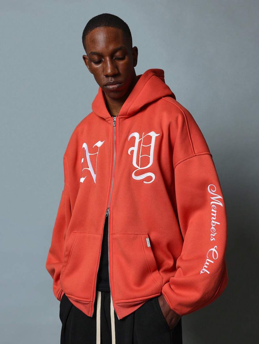SUMWON Zip Up Members Club Hoodie Ultra Soft Sweatshirt Original Gothic Font Letter Print Winter Fall Casual Streetwear - Coral Orange - View 1