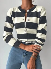 EURMUSE Women's Casual Everyday Contrast Color Striped Front Button Cardigan, Autumn/Winter - Dark Grey - View 5
