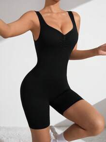 SHEIN Sports 女士單色百褶吊帶運動連體褲