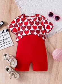 SHEIN 2 件套年轻女孩休闲可爱 T 恤和连体衣套装，时尚潮流春秋 - 紅色 - 查看 3