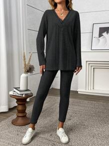 SHEIN LUNE 2pcs/Set Women Solid Color V-Neck Long Sleeve Top And Pants Set - Dark Grey - View 3