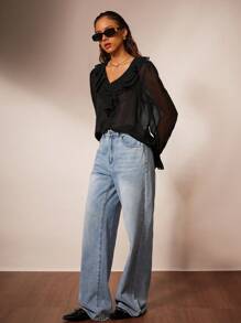 Forever 21 Damen Schlichte V-Ausschnitt Transparente Mesh Bluse